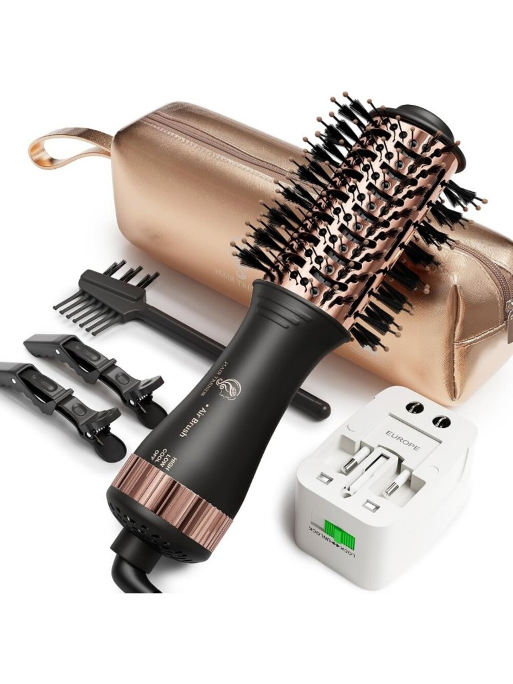 Compact 120-240V Travel Hair Dryer Brush with Universal Adapter - Perfect for
